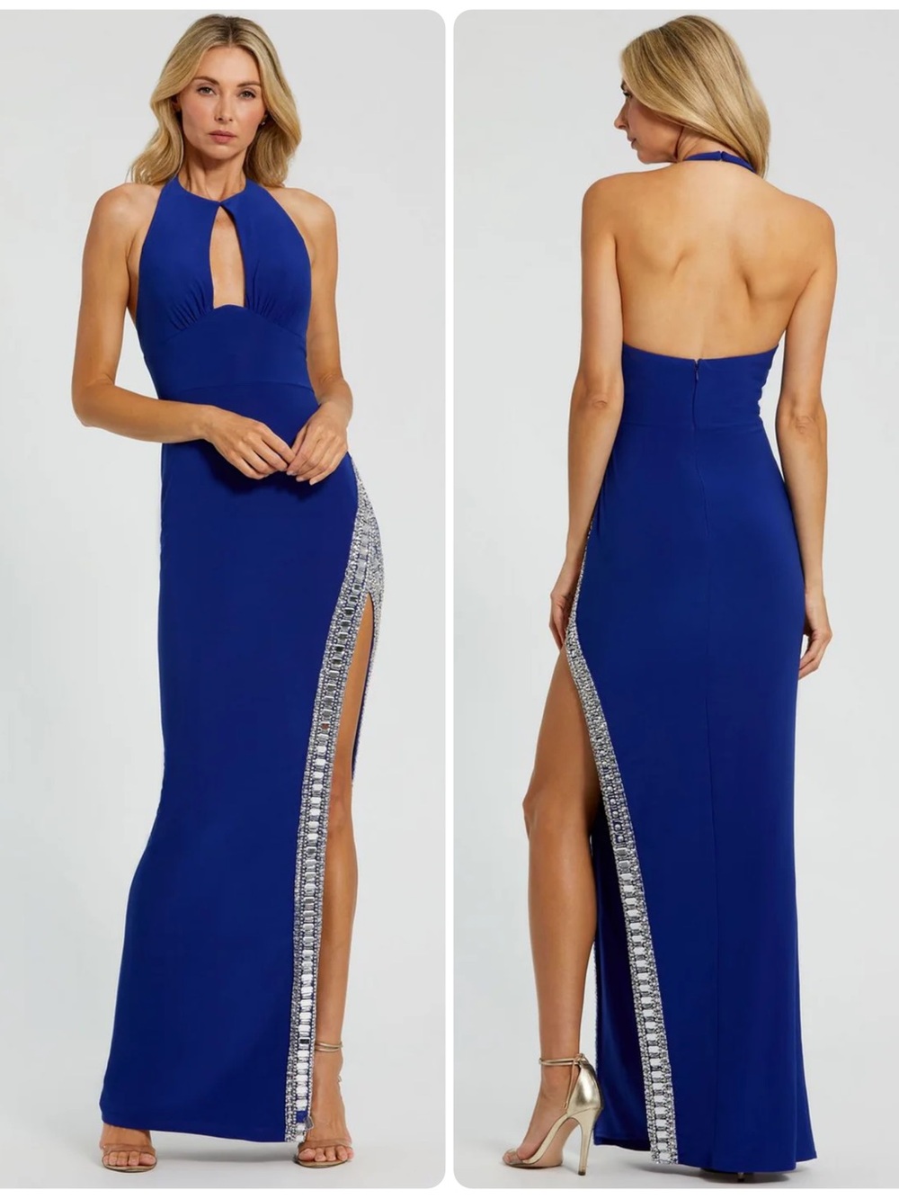 IEENA FOR MAC DUGGAL Cobalt Halter Crystal Trim Gown Maxi Dress 42053 NWT $398